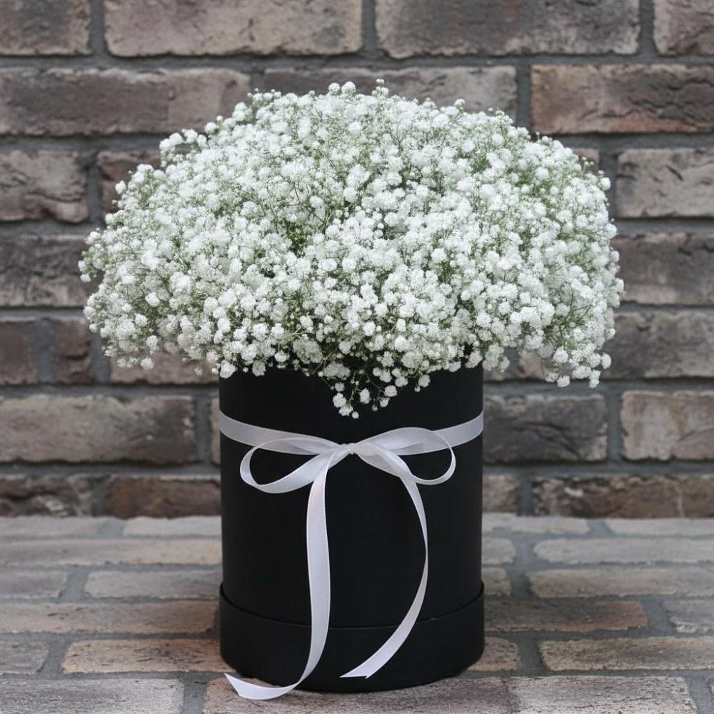 Цветочная композиция из Гипсофила в шляпной коробке в Аше