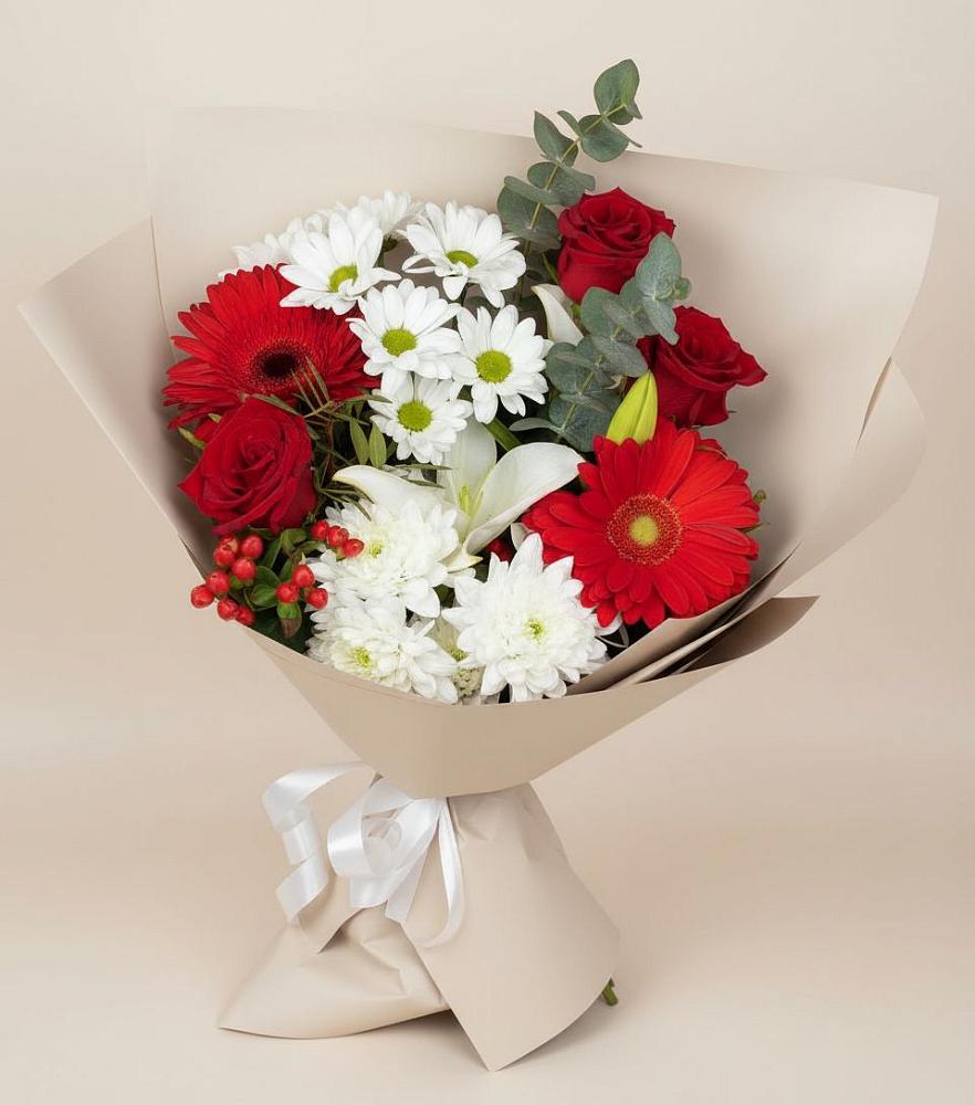 Букет цветов из: Розы, Хризантемы, Герберы и Лилии в Аше