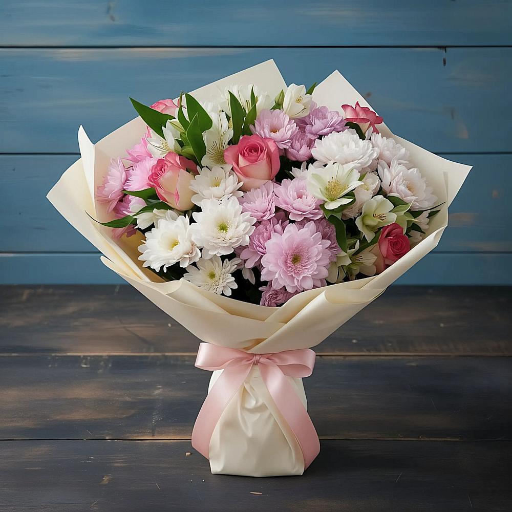 Букет цветов из: Хризантемы, Альстромерии и Розы в Аше